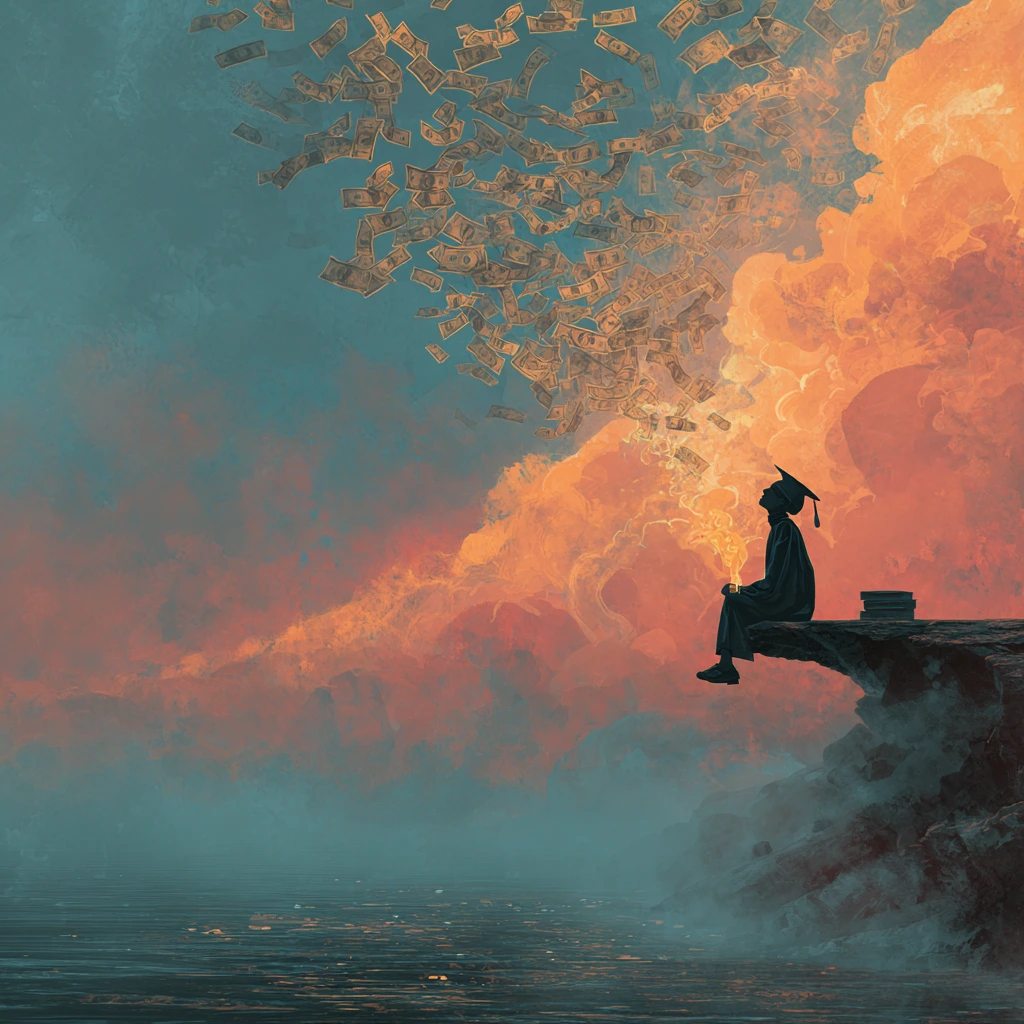 Student sitting on a mountain of papers looking at the horizon